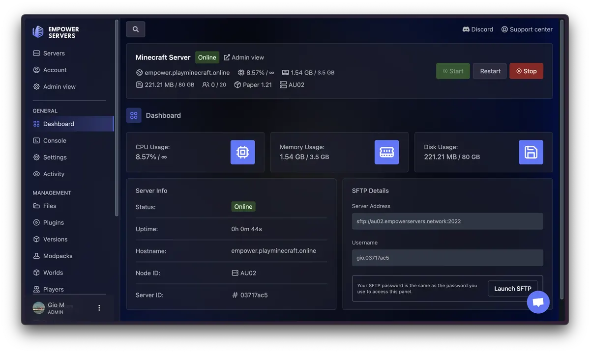 Panel de control: resumen del servidor