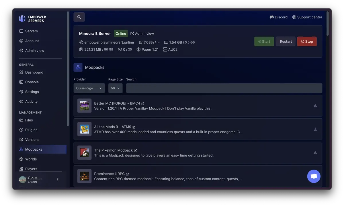 Gestor de modpacks del panel de control