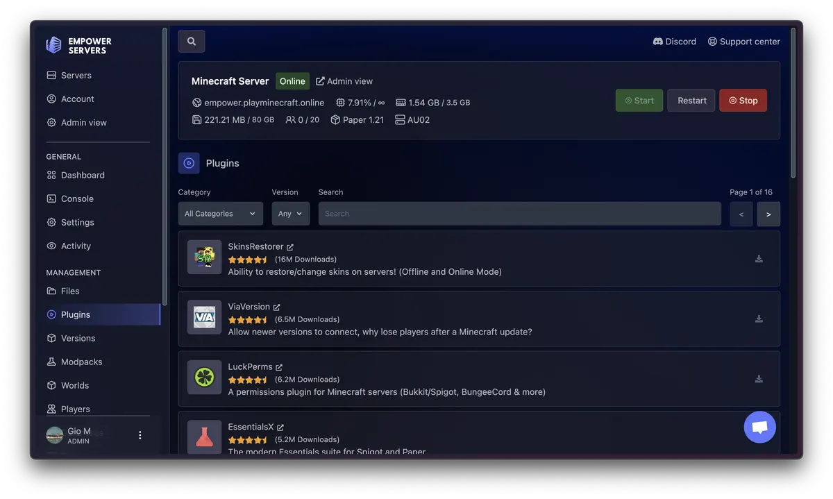 Instalador de plugins del panel de control